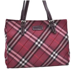 GUC Authentic BURBERRY BLUE LABEL Check Tote Bag Purse Canvas Leather Red